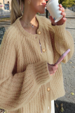 Casual Solid Color Buttons Weave O Neck Outerwear