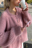 Casual Solid Color Buttons Weave O Neck Outerwear