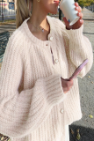Casual Solid Color Buttons Weave O Neck Outerwear