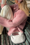 Casual Solid Color Buttons Weave O Neck Outerwear