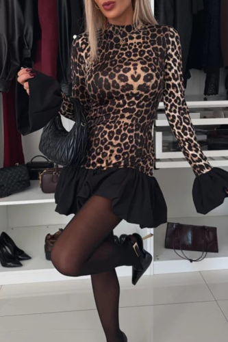 Sexy Leopard Patchwork Ruffle Half A Turtleneck A Line Dresses