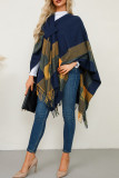 Casual Daily Plaid Fringed Trim Contrast V Neck Outerwear