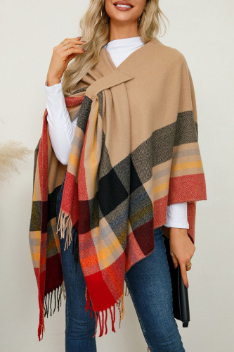 Casual Daily Plaid Fringed Trim Contrast V Neck Outerwear
