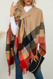 Casual Daily Plaid Fringed Trim Contrast V Neck Outerwear
