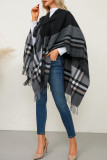 Casual Daily Plaid Fringed Trim Contrast V Neck Outerwear