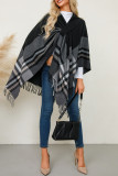 Casual Daily Plaid Fringed Trim Contrast V Neck Outerwear