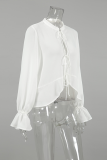 Casual Solid Color Lace Up See-Through Mandarin Collar Tops