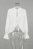 Casual Solid Color Lace Up See-Through Mandarin Collar Tops