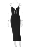 Sexy Solid Color Lace Up Slit Contrast V Neck Sling Dresses
