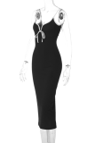 Sexy Solid Color Lace Up Slit Contrast V Neck Sling Dresses