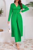 Casual Solid Color Slit Ruched V Neck Long Sleeve Two Pieces
