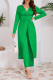Casual Solid Color Slit Ruched V Neck Long Sleeve Two Pieces