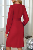 Daily Elegant Solid Color Slit With Belt V Neck Wrapped Skirt Dresses