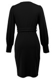 Daily Elegant Solid Color Slit With Belt V Neck Wrapped Skirt Dresses