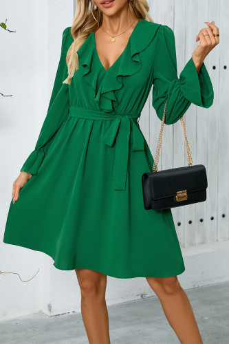 Elegant Solid Color Lace Up Ruffle V Neck A Line Dresses