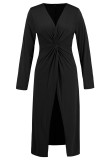 Casual Solid Color Slit Ruched V Neck Long Sleeve Two Pieces