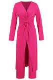 Casual Solid Color Slit Ruched V Neck Long Sleeve Two Pieces