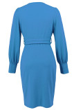 Daily Elegant Solid Color Slit With Belt V Neck Wrapped Skirt Dresses