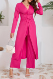 Casual Solid Color Slit Ruched V Neck Long Sleeve Two Pieces