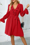 Elegant Solid Color Lace Up Ruffle V Neck A Line Dresses