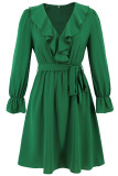 Elegant Solid Color Lace Up Ruffle V Neck A Line Dresses