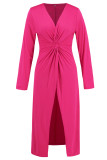 Casual Solid Color Slit Ruched V Neck Long Sleeve Two Pieces