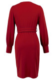 Daily Elegant Solid Color Slit With Belt V Neck Wrapped Skirt Dresses