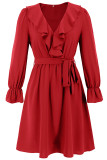 Elegant Solid Color Lace Up Ruffle V Neck A Line Dresses