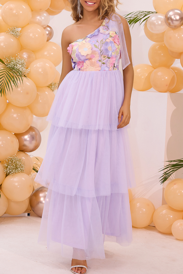 Sexy Party Flowers Patchwork Irregular Mesh Sloping Shoulder Evening Dresses