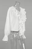 Casual Solid Color Ruffle V Neck Tops