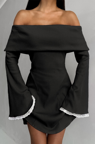 Sexy Solid Color Lace Patchwork Potholes Off Shoulder Waist Skirt Dresses