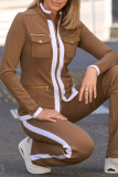 Casual Street Stripe Patchwork Zipper Contrast Mandarin Collar Long Sleeve Two Pieces
