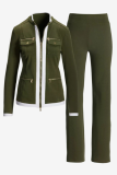 Casual Street Stripe Patchwork Zipper Contrast Mandarin Collar Long Sleeve Two Pieces