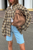 Casual Plaid Buttons Contrast Turndown Collar Tops