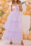 Sexy Party Flowers Patchwork Irregular Mesh Sloping Shoulder Evening Dresses