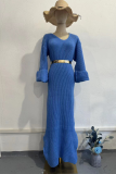 Casual Solid Color Buttons With Belt O Neck Long Sleeve Dresses