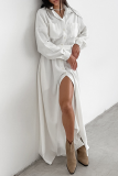 Casual Solid Color Lace Up Buttons Turndown Collar Shirt Dresses