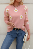 Casual Flowers Weave Contrast O Neck Tops