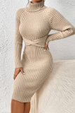 Casual Solid Color Patchwork Potholes Turtleneck Waist Skirt Dresses