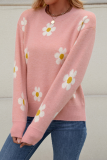 Casual Flowers Weave Contrast O Neck Tops