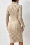 Casual Solid Color Patchwork Potholes Turtleneck Waist Skirt Dresses