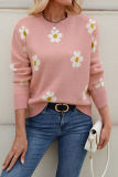 Casual Flowers Weave Contrast O Neck Tops
