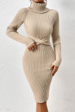 Casual Solid Color Patchwork Potholes Turtleneck Waist Skirt Dresses