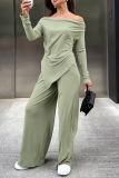 Sexy Street Solid Color Ruched Irregular Off Shoulder Long Sleeve Two Pieces
