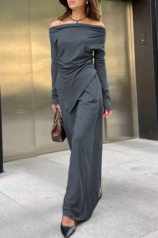 Sexy Street Solid Color Ruched Irregular Off Shoulder Long Sleeve Two Pieces