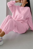 Casual Solid Color Patchwork fleece-lined O Neck Long Sleeve Two Pieces
