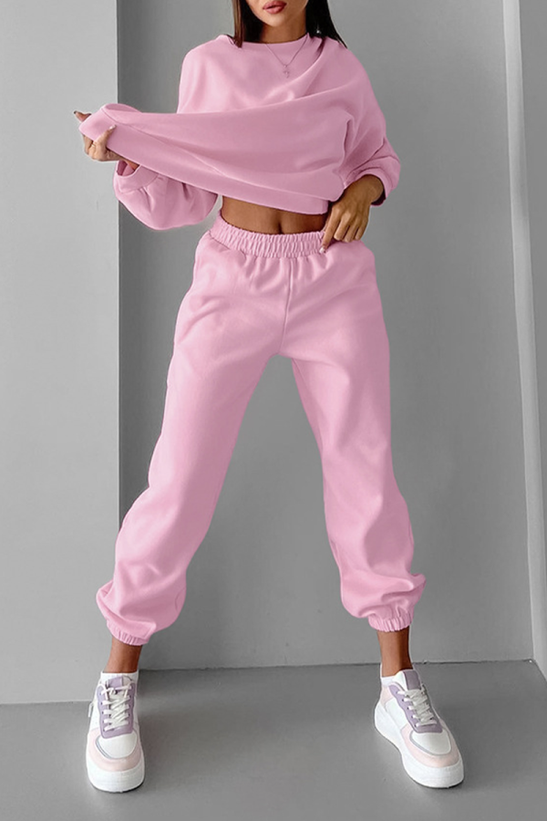 Casual Solid Color Patchwork fleece-lined O Neck Long Sleeve Two Pieces