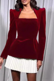 Elegant Solid Color Pleated Velvet Square Neck Pleated Dresses