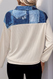 Casual Daily Faux Denim Print Pocket Patchwork Potholes Turndown Collar Tops