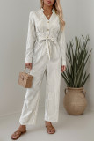 Casual Street Stripe Pocket Lace Up Buttons V Neck Loose Jumpsuits